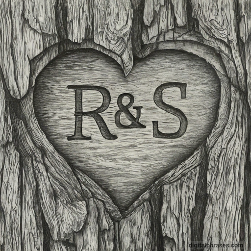 drawing of a tree bark with R&S engraved on it
