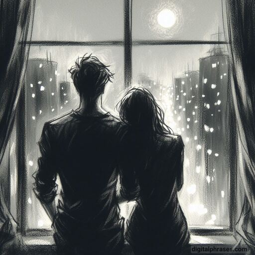 drawing of a couple gazing out of a window