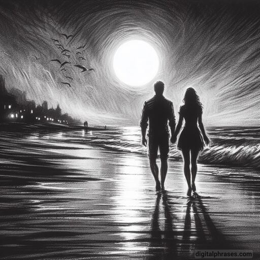 drawing of a couple strolling at the beach
