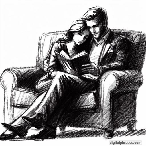drawing of a couple sitting on an armchair and reading