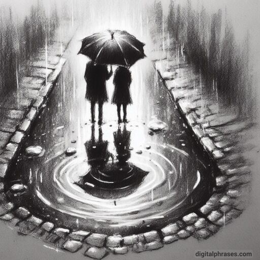 drawing of a couple in the rain with an umbrella