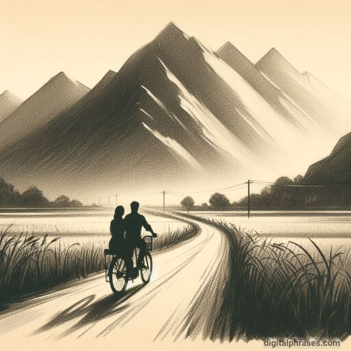 drawing of mountainous road with a couple bicycling through
