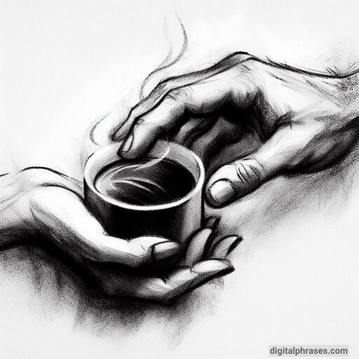 drawing of two hands with a cup of coffee
