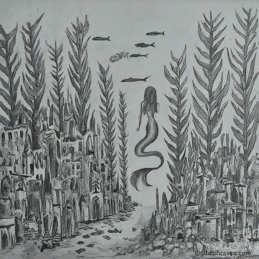 sketch of an underwater city with mermaids