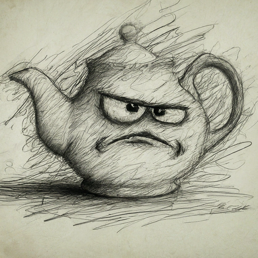 pencil sketch of an angry teapot