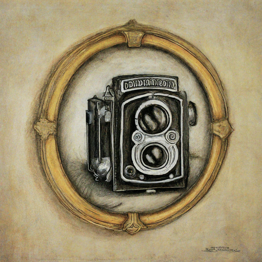 pencil sketch of a mirror with the reflection of a old camera