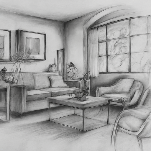 pencil sketch of the interior of a room