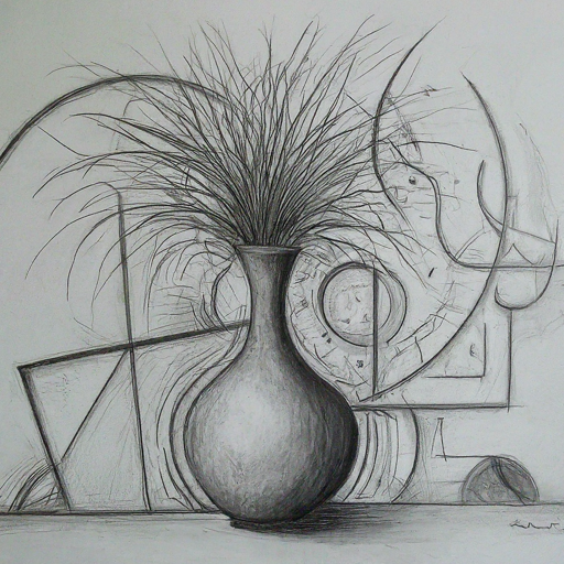 pencil sketch of a vase with abstract patterns all around it
