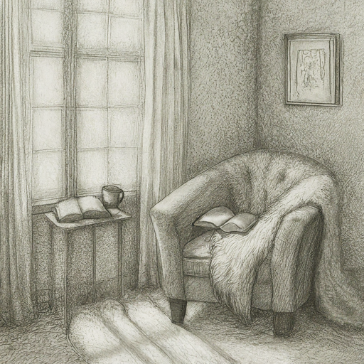pencil sketch of the interior corner of a room with a sofa and books