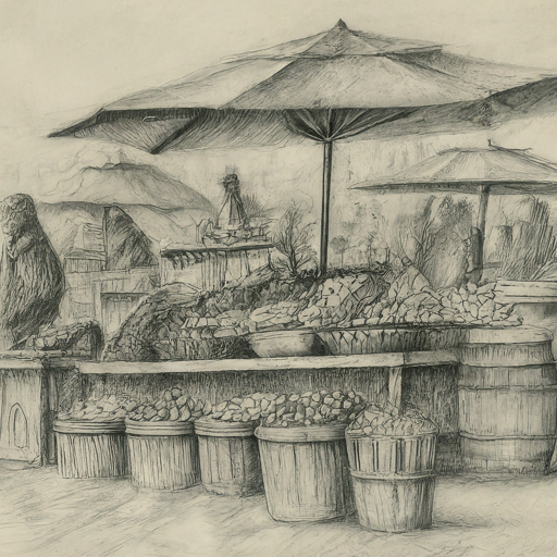 pencil sketch of a food market