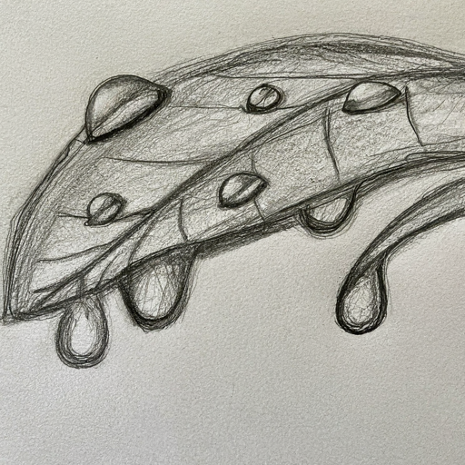 pencil sketch of a leaf with water droplets