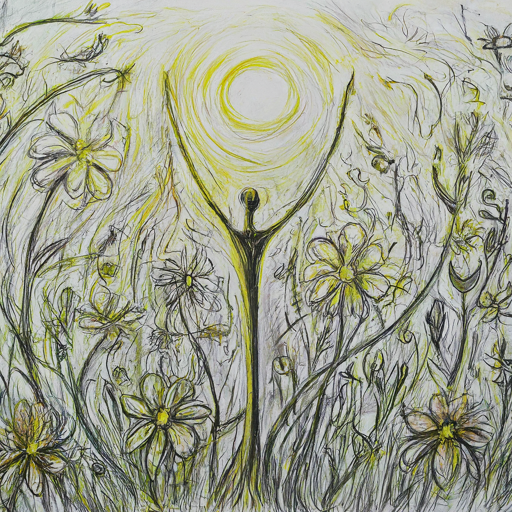 pencil sketch of a silhouette among a bunch of flowers with the sun above