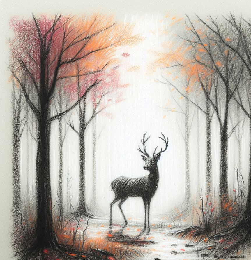 24 Fall Drawing Ideas For Kids drawing of a Scene of a Deer in a Misty Autumn Forest