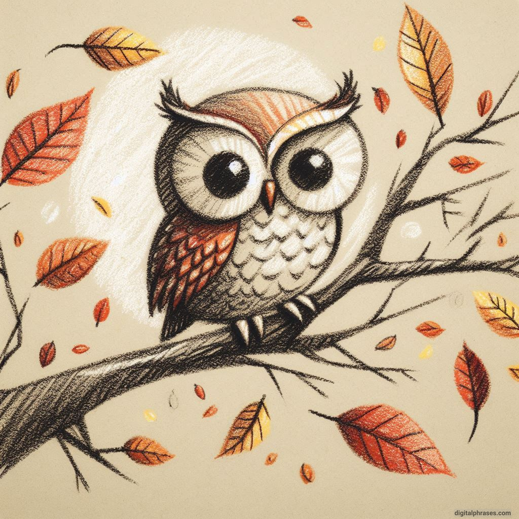 24 Fall Drawing Ideas For Kids drawing of an Owl Sitting on a Branch with Leaves Falling Around
