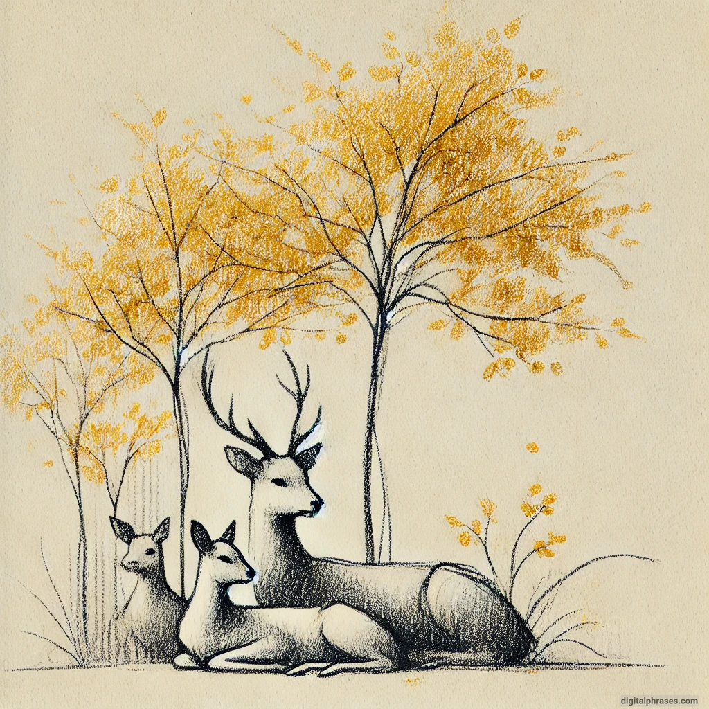 drawing of a Family of Deer Resting Beneath Golden-Leaved Trees