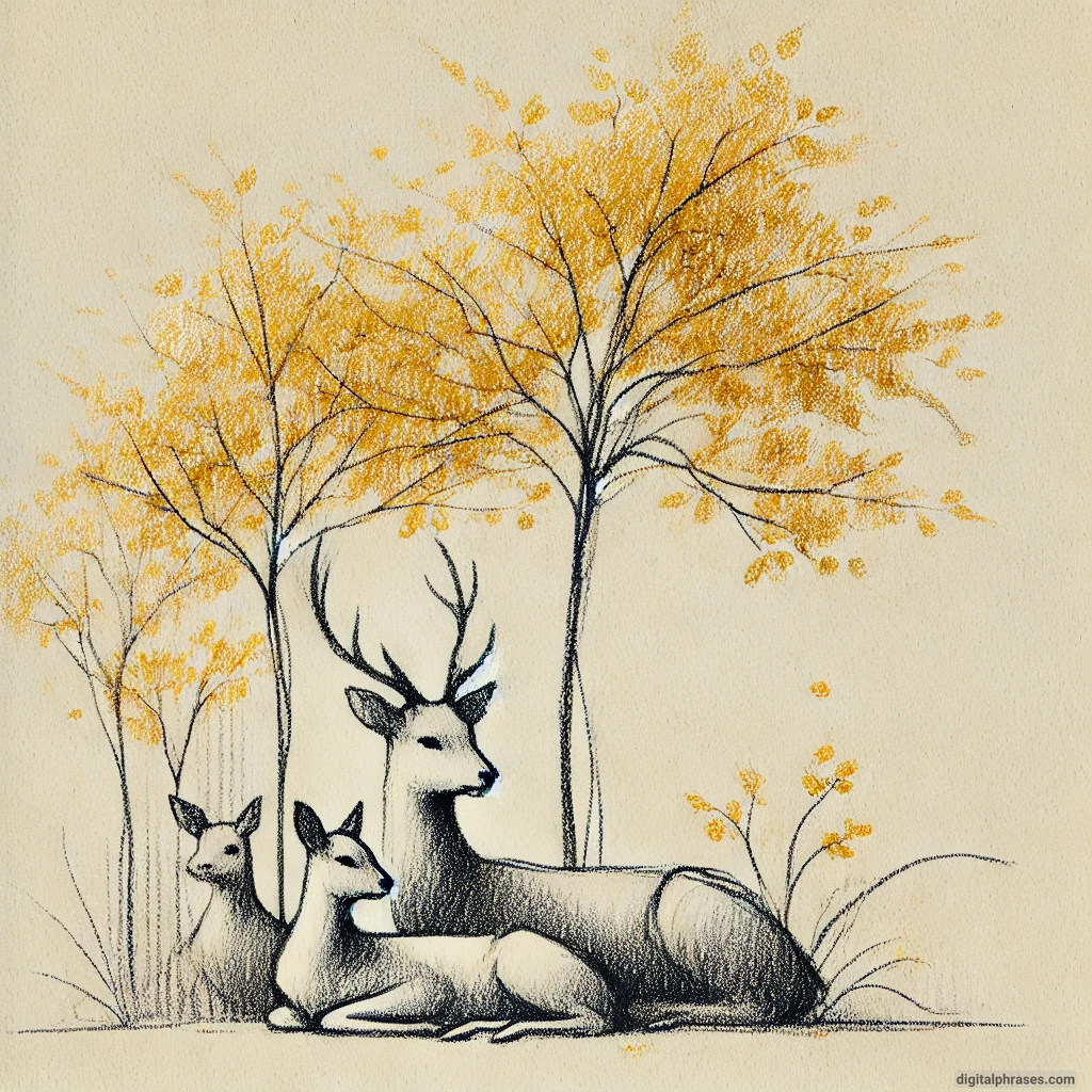 20 Fall/Autumn Drawing Ideas Focusing on Trees and Leaves drawing of a Family of Deer Resting Beneath Golden-Leaved Trees