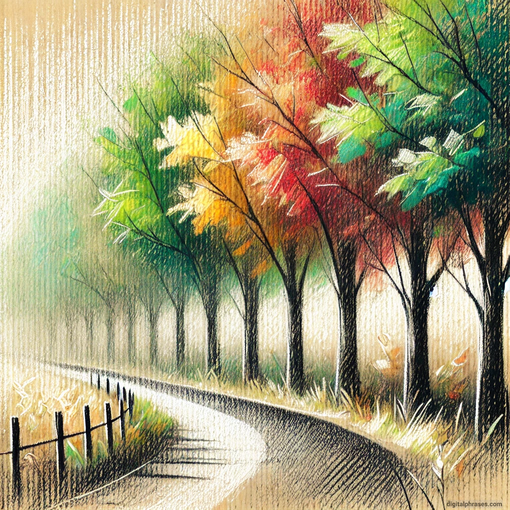 drawing of A Row of Trees Alongside a Country Road with Leaves in Transition