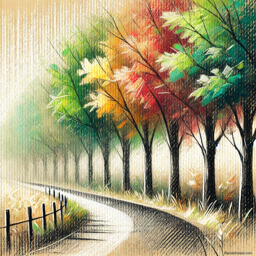 20 Fall/Autumn Drawing Ideas Focusing on Trees and Leaves drawing of A Row of Trees Alongside a Country Road with Leaves in Transition