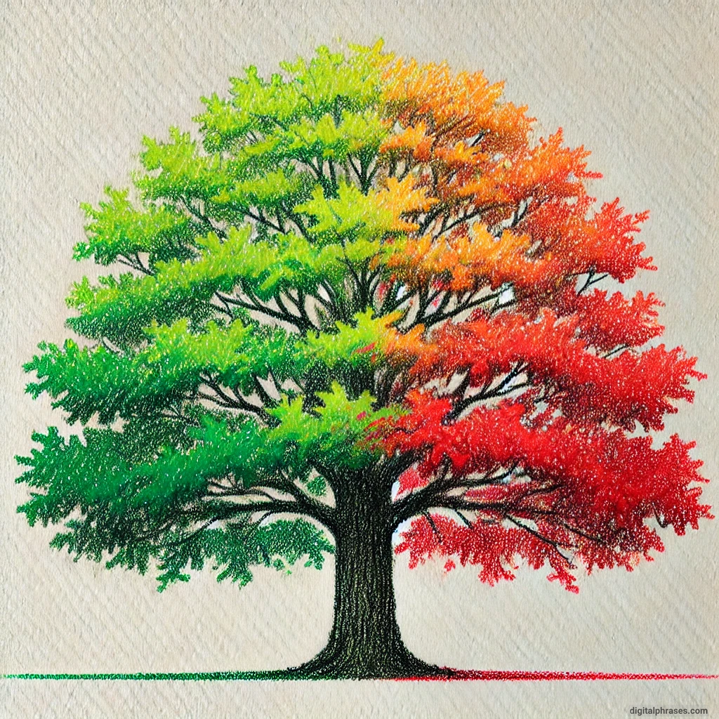 20 Fall/Autumn Drawing Ideas Focusing on Trees and Leaves drawing of a Majestic Oak Tree with Leaves Turning from Green to Deep Red
