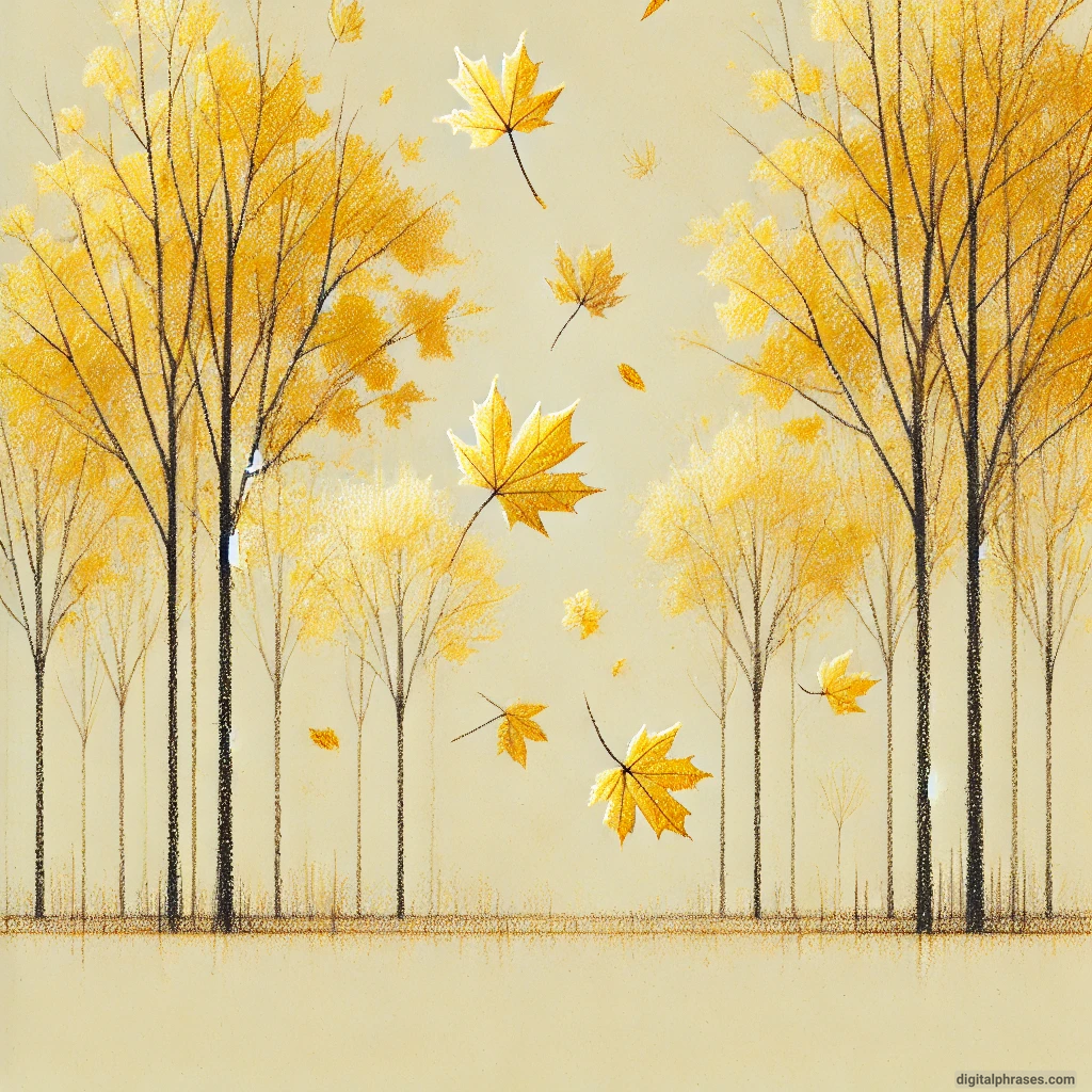 20 Fall/Autumn Drawing Ideas Focusing on Trees and Leaves drawing of a Grove of Maple Trees with Golden Yellow Leaves Falling Gently