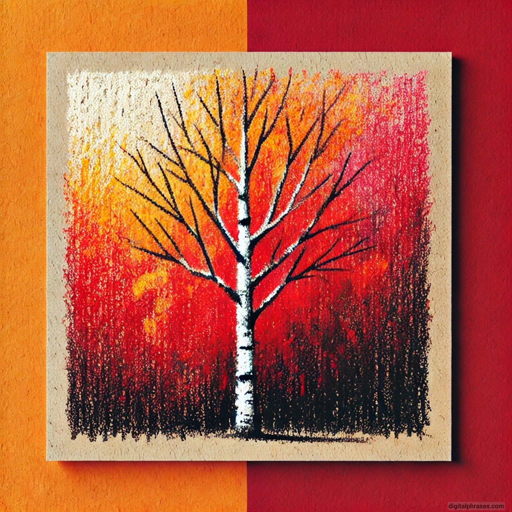 20 Fall/Autumn Drawing Ideas Focusing on Trees and Leaves drawing of a Single Leafless Birch Tree Against a Backdrop of Fiery Autumn Colors