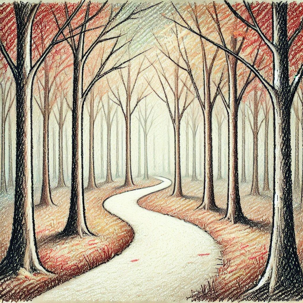 20 Fall/Autumn Drawing Ideas Focusing on Trees and Leaves drawing of An Enchanted Forest Pathway Covered in a Blanket of Colorful Leaves