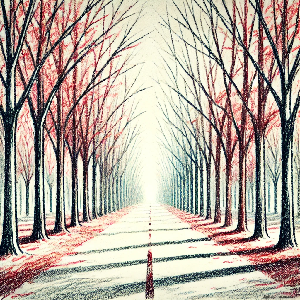 20 Fall/Autumn Drawing Ideas Focusing on Trees and Leaves drawing of a Tree-Lined Street with Leaves of Crimson, Orange, and Yellow