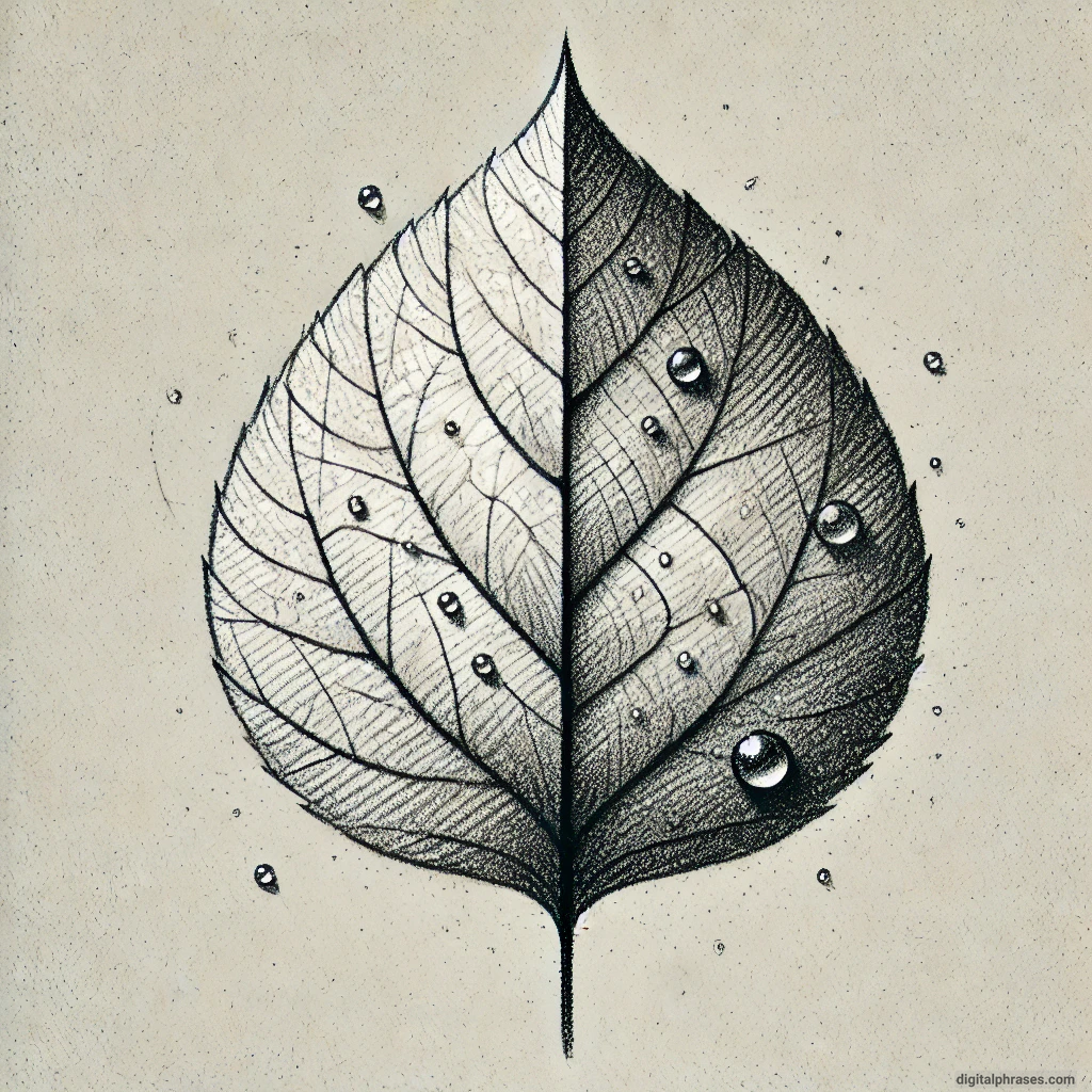 20 Fall/Autumn Drawing Ideas Focusing on Trees and Leaves drawing of a Close-Up of an Intricately Detailed Leaf with Dew Drops