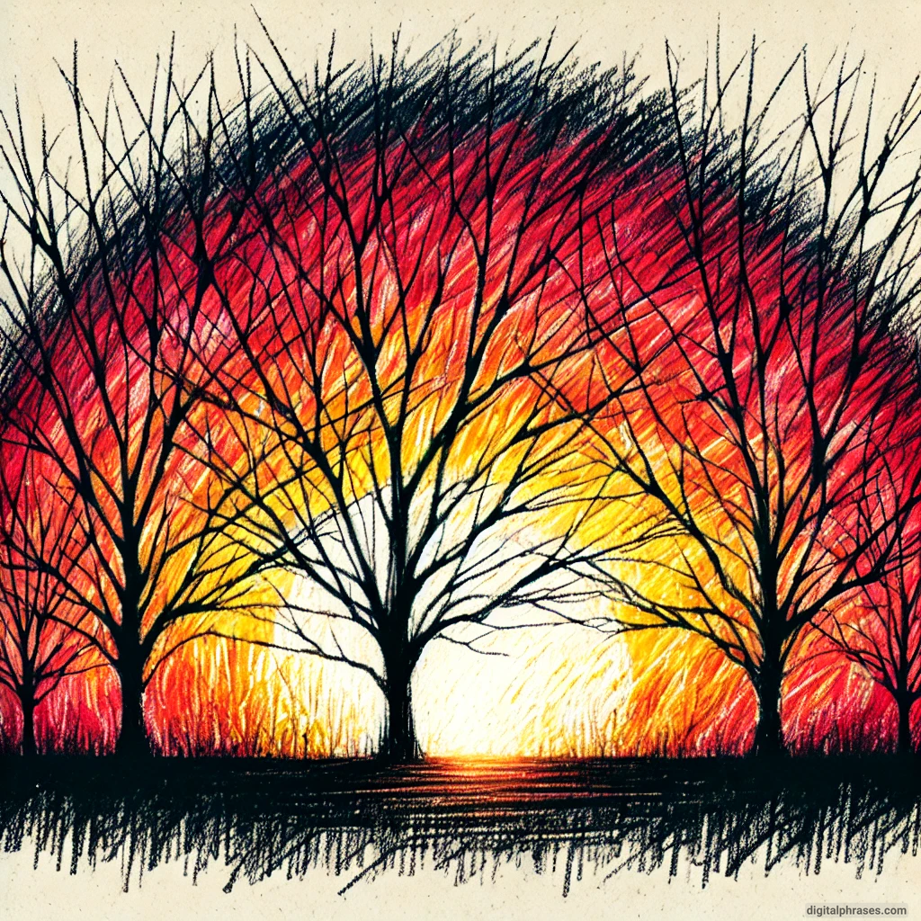 20 Fall/Autumn Drawing Ideas Focusing on Trees and Leaves Drawing of a Dramatic Sunset Through the Branches of Bare Autumn Trees