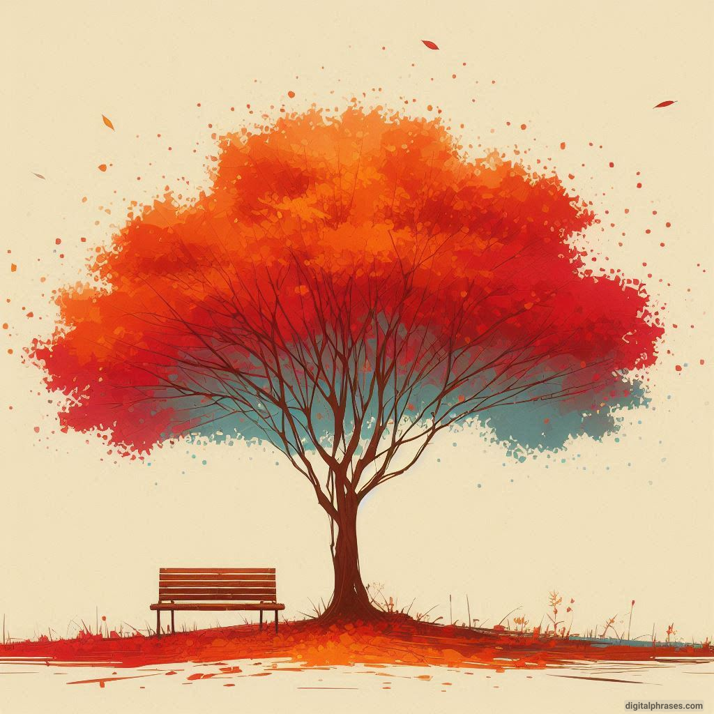 20 Fall/Autumn Drawing Ideas Focusing on Trees and Leaves drawing of A Lonely Bench Underneath a Vibrant Autumn Tree