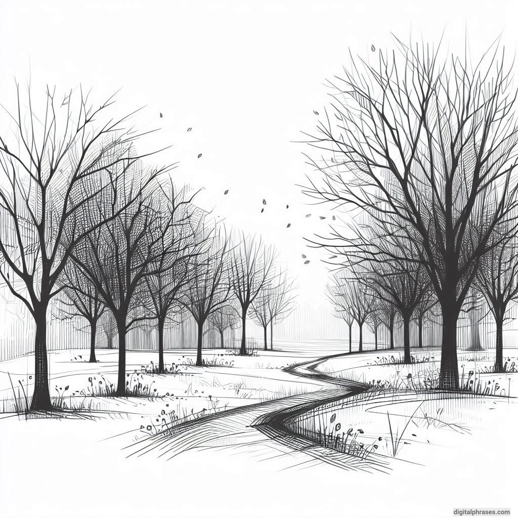 20 Fall/Autumn Drawing Ideas Focusing on Trees and Leaves drawing of A Path Through the Woods with Trees Shedding Their Leaves