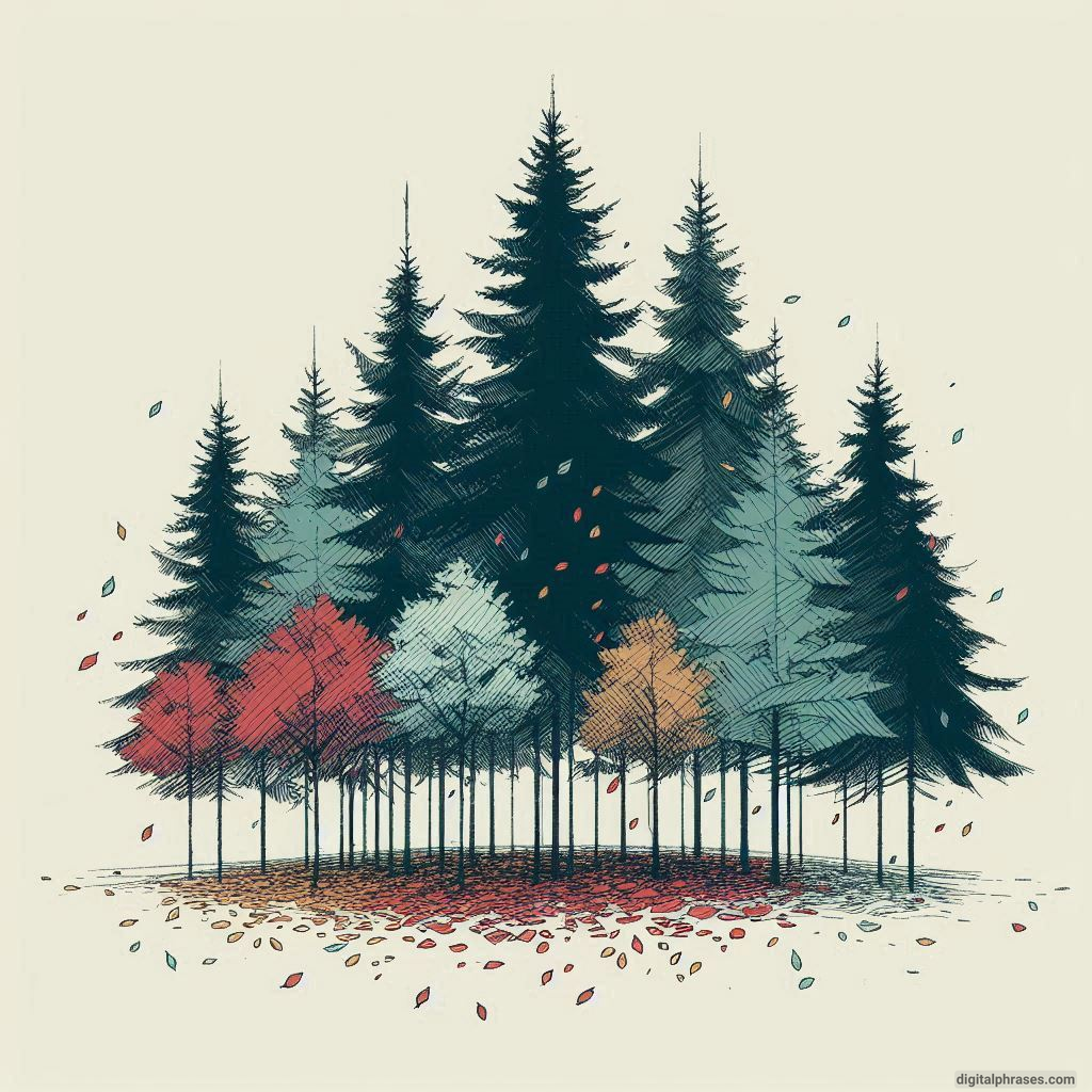 Drawing of A Cluster of Pine Trees with a Floor of Colorful Fallen Leaves