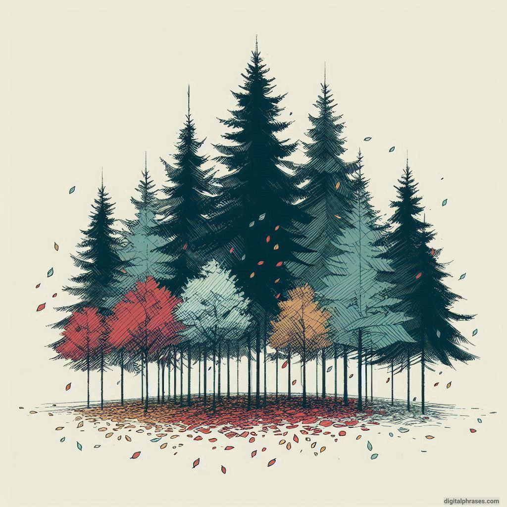 20 Fall/Autumn Drawing Ideas Focusing on Trees and Leaves Drawing of A Cluster of Pine Trees with a Floor of Colorful Fallen Leaves