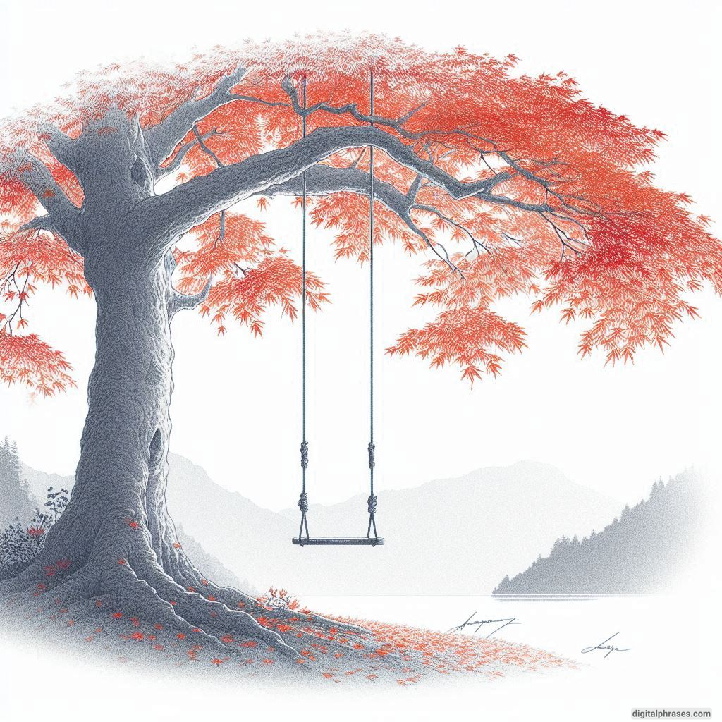 20 Fall/Autumn Drawing Ideas Focusing on Trees and Leaves drawing of A Tree Swing Hanging from a Branch of a Grand Maple Tree in Fall