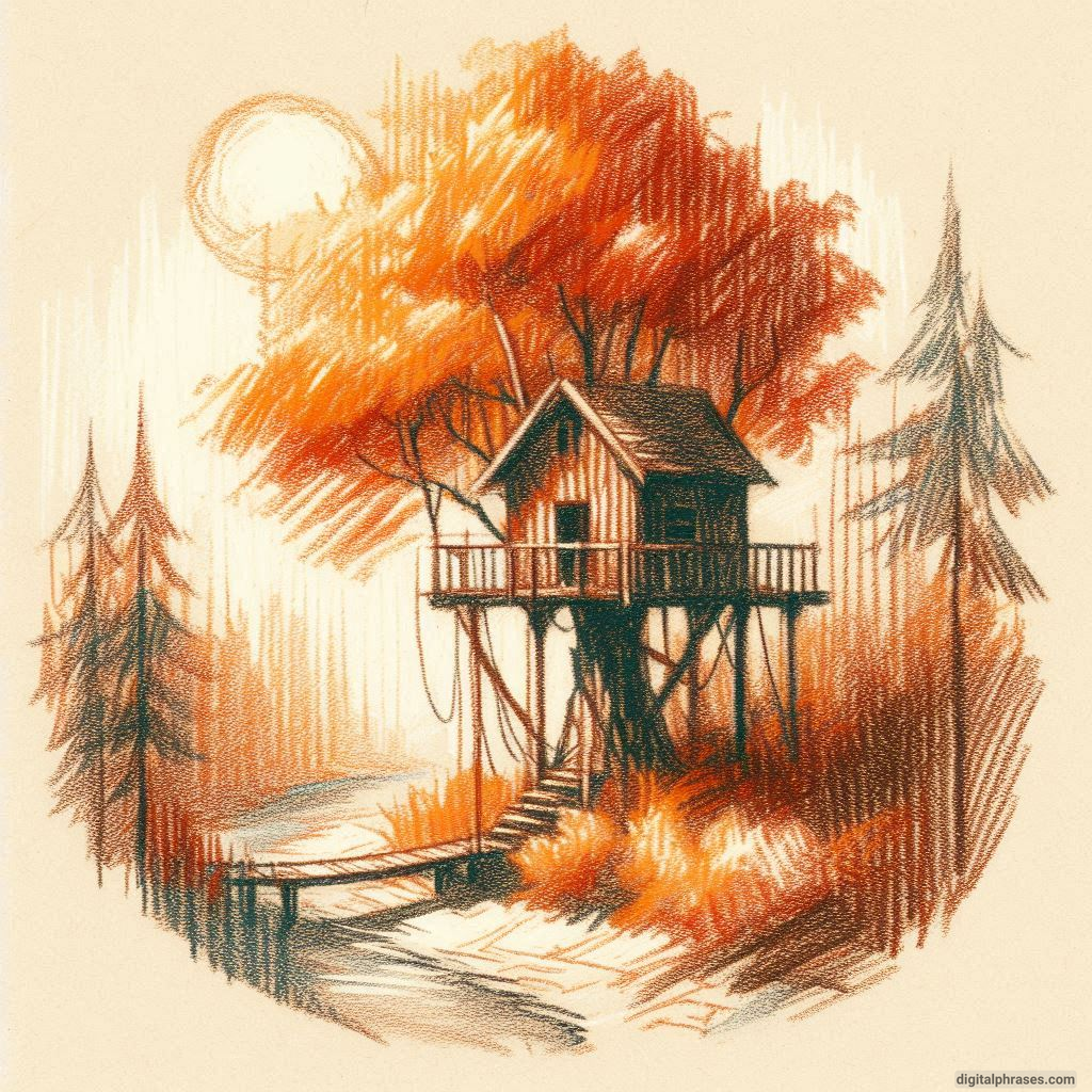 20 Fall/Autumn Drawing Ideas Focusing on Trees and Leaves drawing of A Treehouse Nestled Amongst the Autumn Foliage