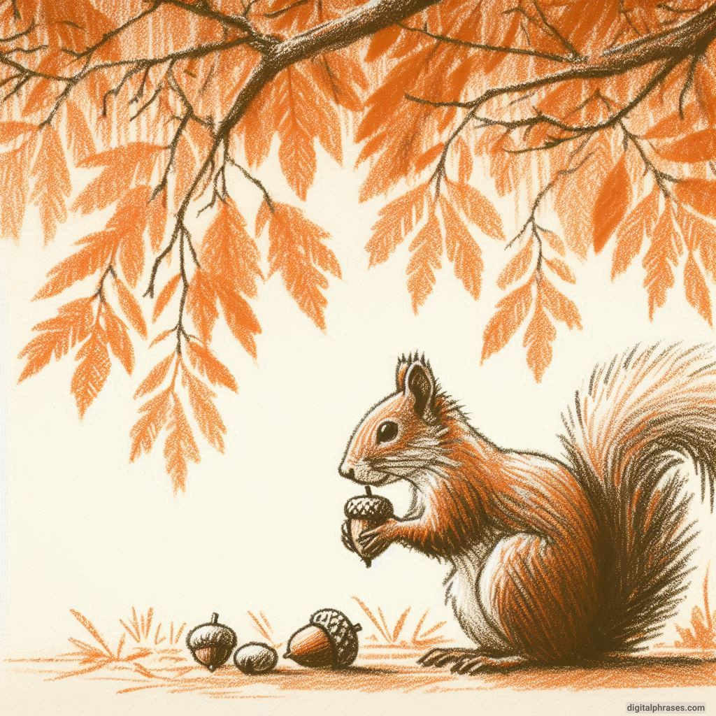 20 Fall/Autumn Drawing Ideas Focusing on Trees and Leaves Drawing of A Squirrel Gathering Acorns Under a Canopy of Orange Leaves