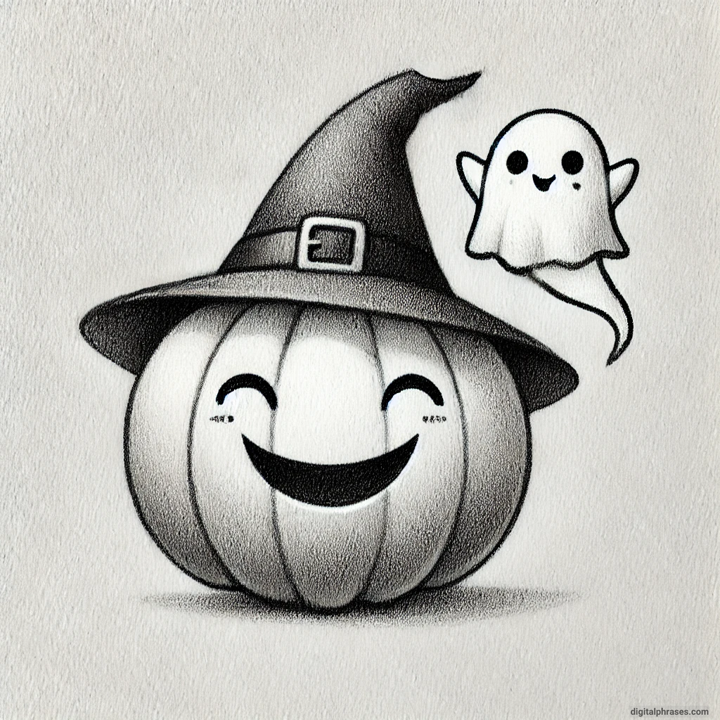 drawing of A Smiling Pumpkin with a Witch Hat and a Friendly Ghost