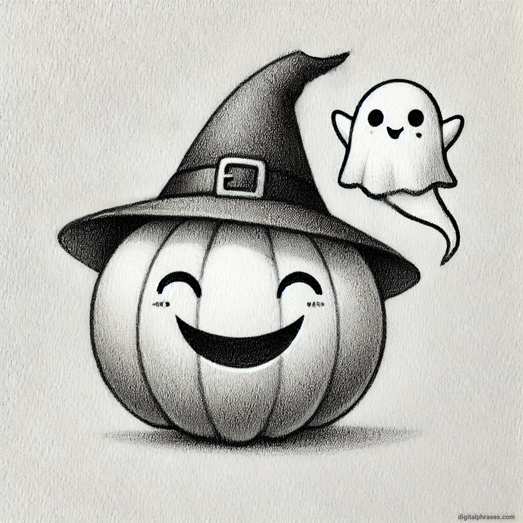 20 Cute Happy and Simple Halloween Drawing Ideas drawing of A Smiling Pumpkin with a Witch Hat and a Friendly Ghost