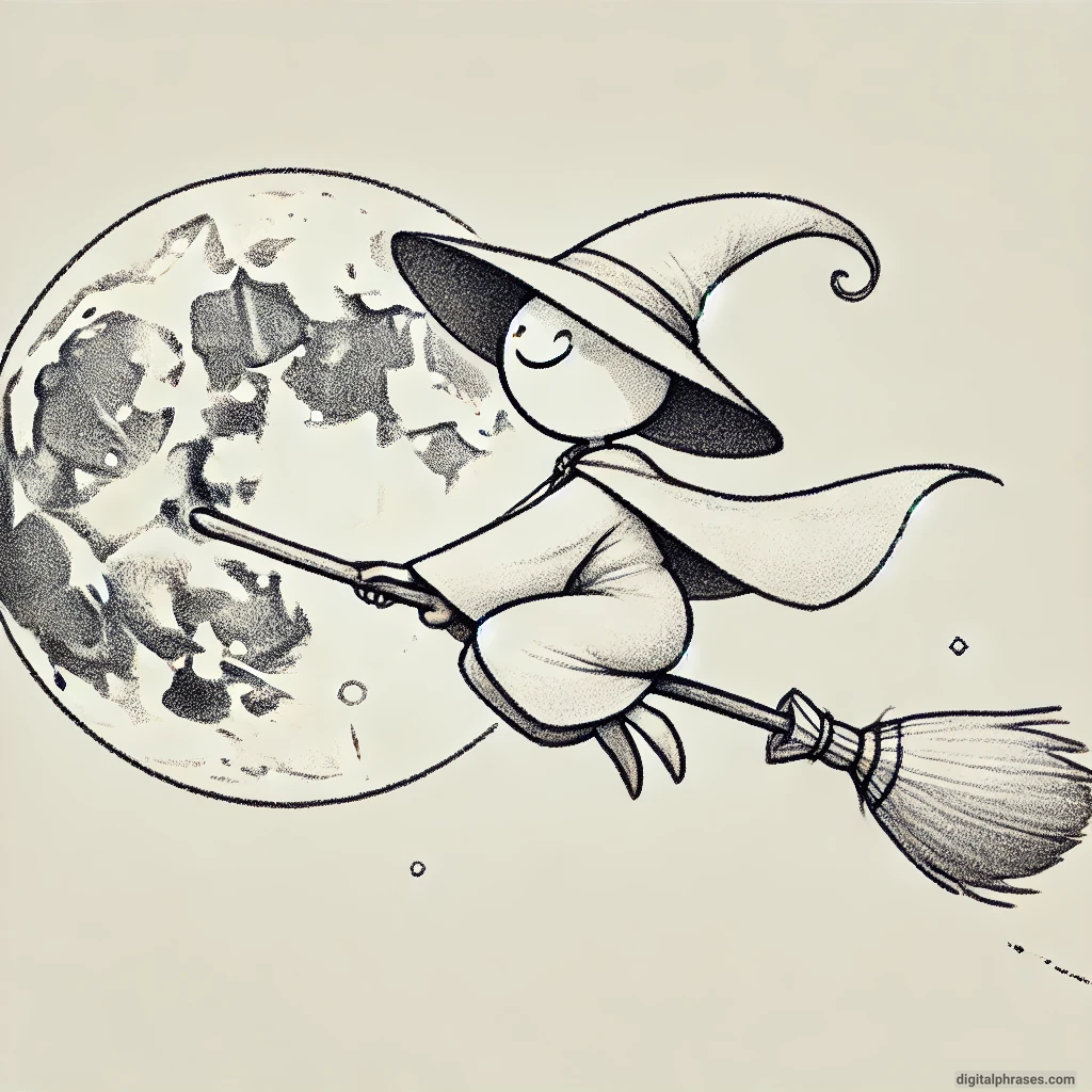 20 Cute Happy and Simple Halloween Drawing Ideas sketch of A Jolly Witch on a Broomstick Flying Over the Moon