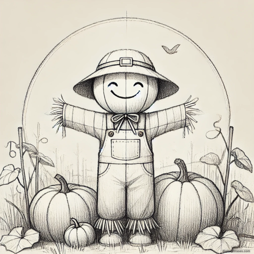 20 Cute Happy and Simple Halloween Drawing Ideas sketch of A Joyful Scarecrow in a Pumpkin Patch