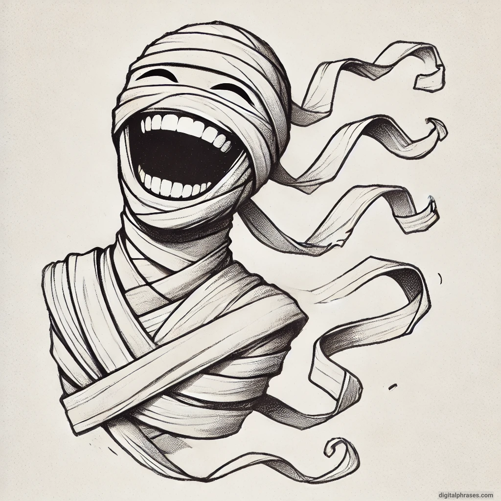20 Cute Happy and Simple Halloween Drawing Ideas sketch of A Laughing Mummy with Wrapped Bandages Unraveling