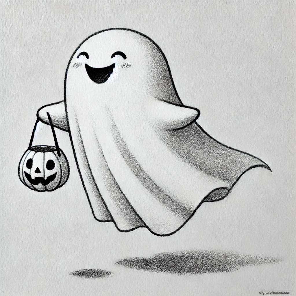 20 Cute Happy and Simple Halloween Drawing Ideas sketch of A Fun-Loving Ghost Carrying a Trick-or-Treat Bag