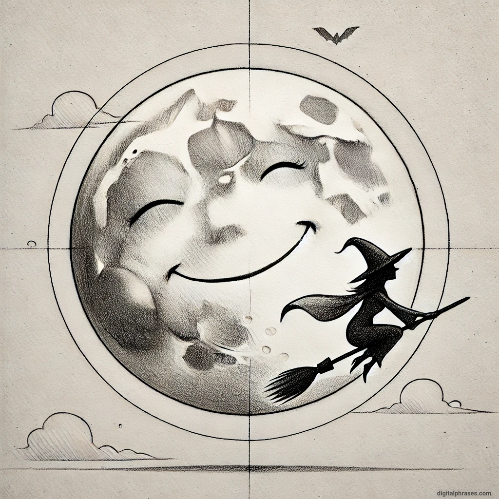 20 Cute Happy and Simple Halloween Drawing Ideas Drawing of A Smiling Moon with a Witch Flying Across