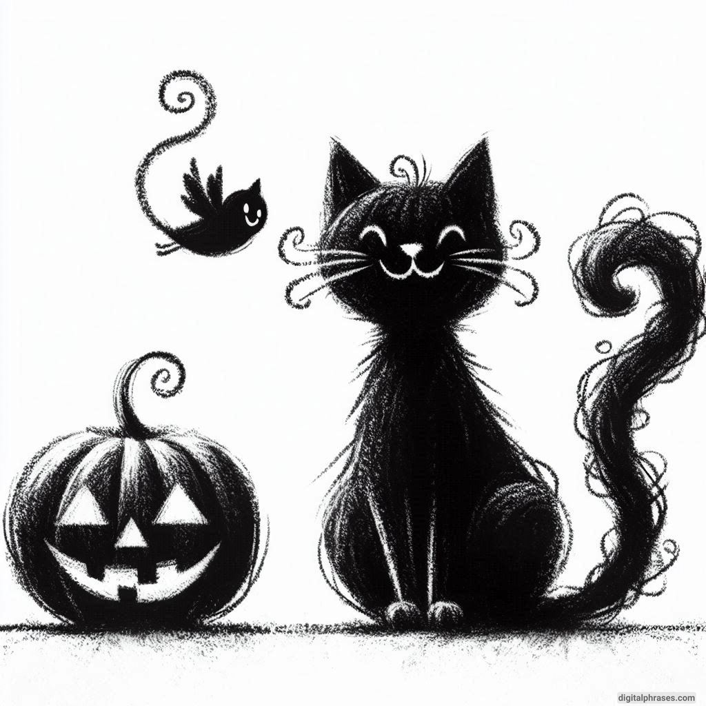 20 Cute Happy and Simple Halloween Drawing Ideas Sketch of A Happy Black Cat with a Curly Tail and a Jack-o'-Lantern
