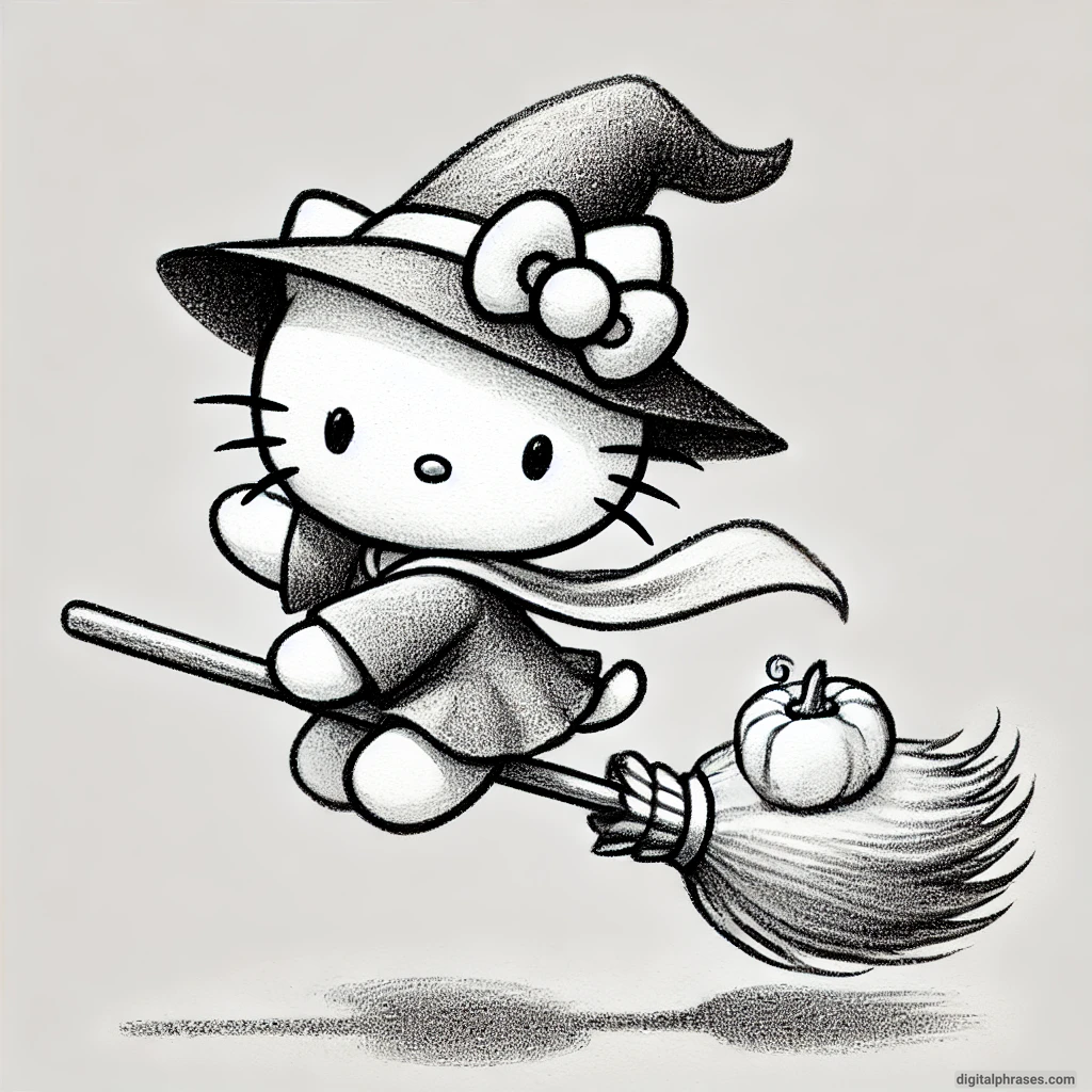 21 Hello Kitty Halloween Drawing Ideas drawing of Hello Kitty dressed as a cute witch flying on a broomstick with a pumpkin