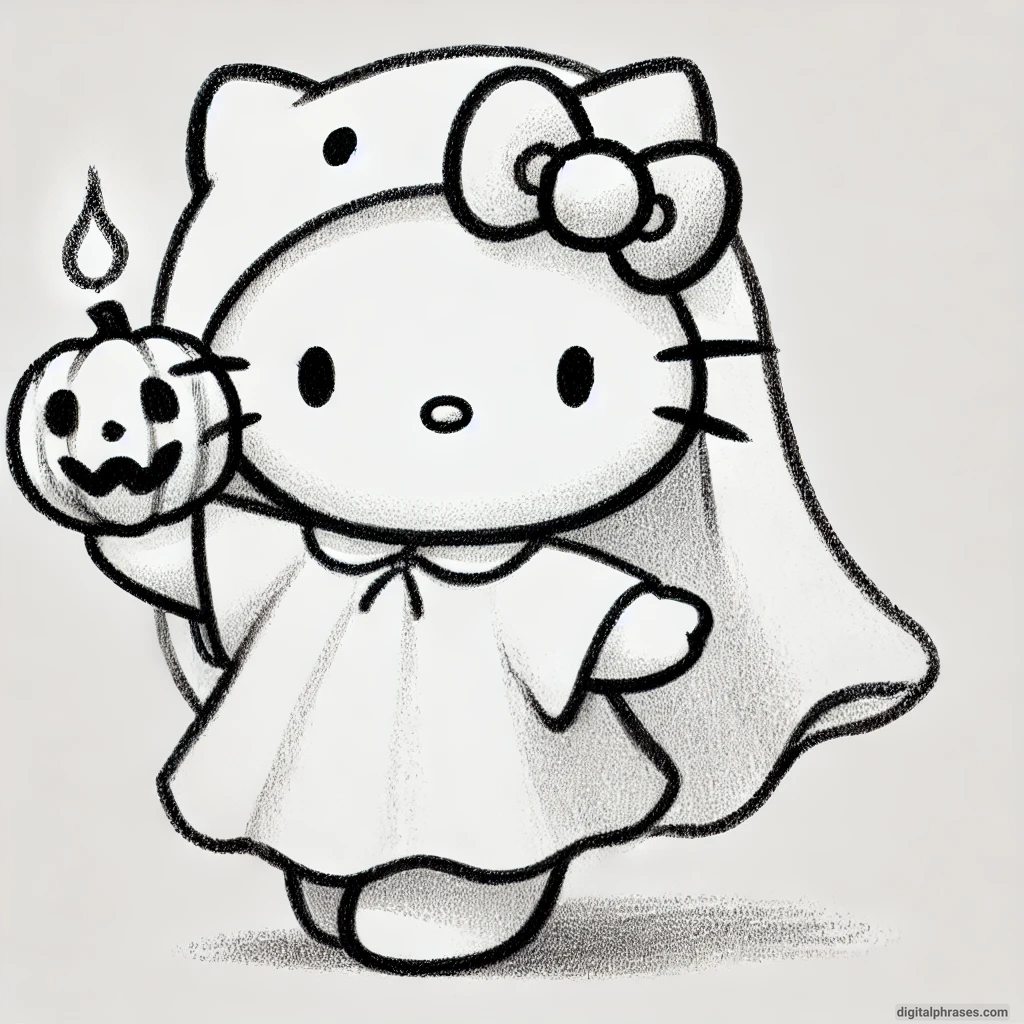 21 Hello Kitty Halloween Drawing Ideas Sketch of Hello Kitty dressed as a ghost with a friendly smile and a jack-o'-lantern