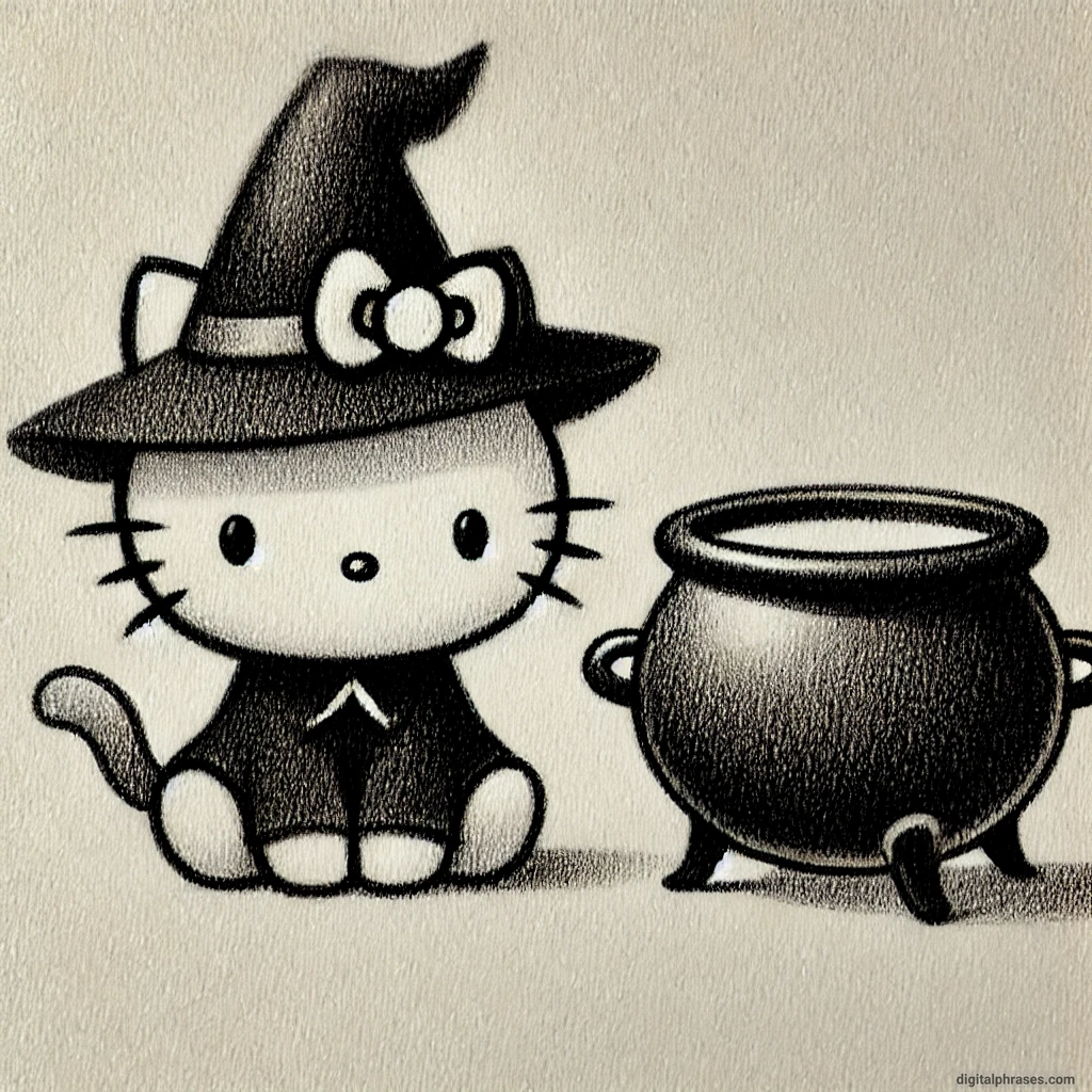 21 Hello Kitty Halloween Drawing Ideas sketch of Hello Kitty as a black cat with a witch's hat and a cauldron