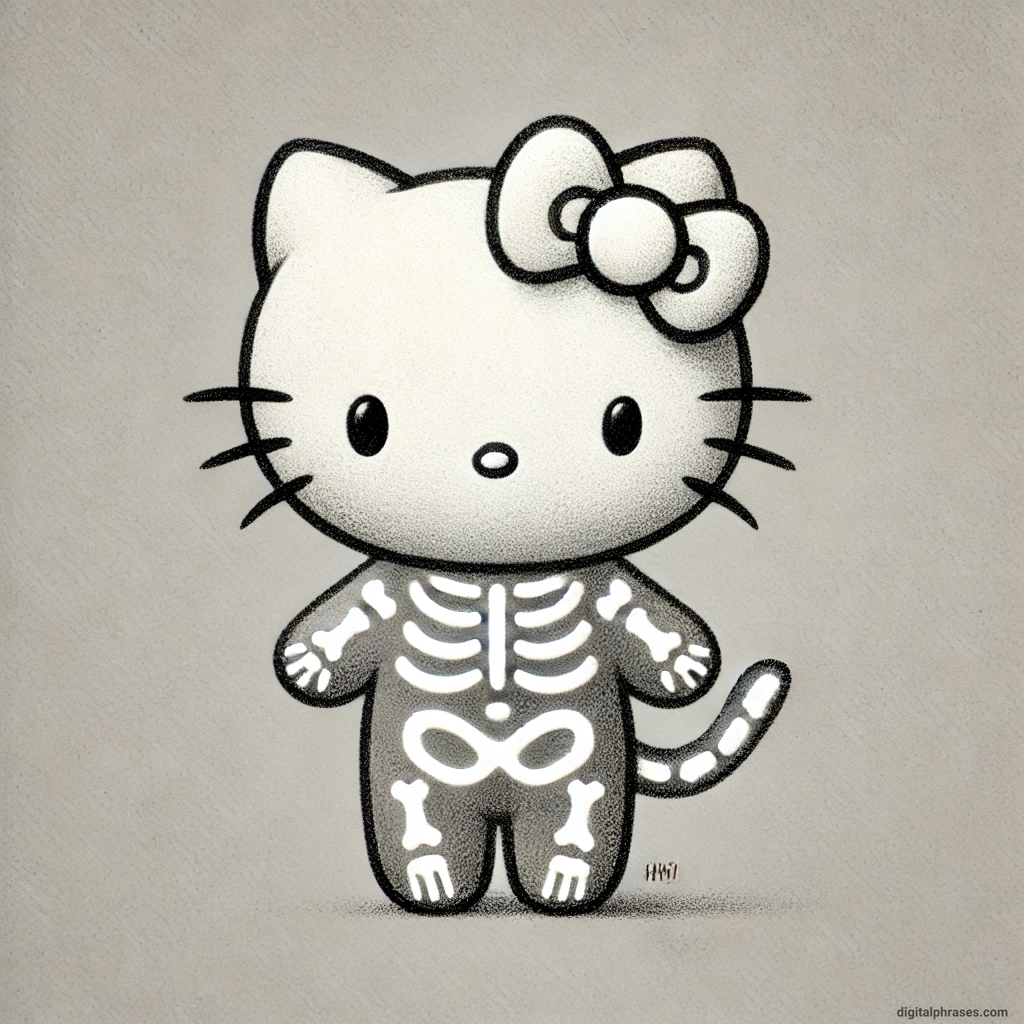 sketch of Hello Kitty dressed as a skeleton with glow-in-the-dark bones