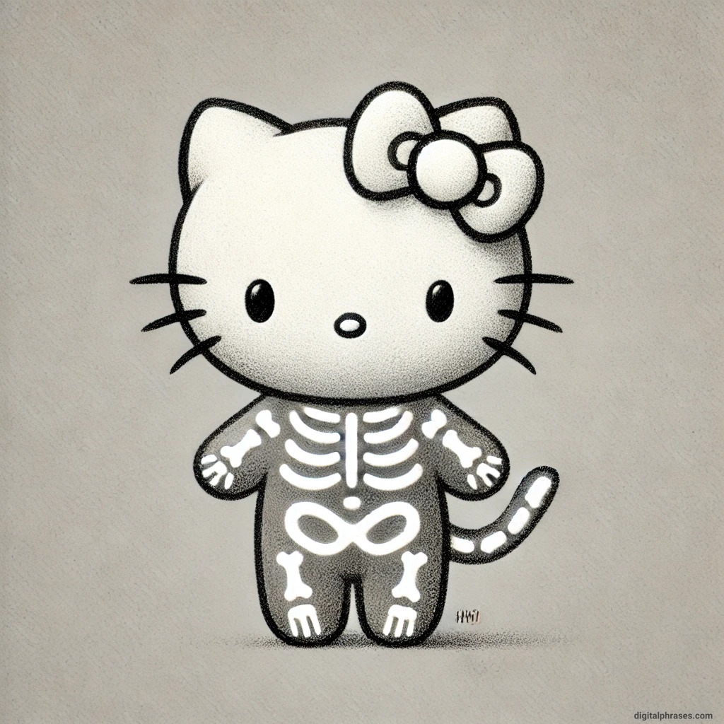 21 Hello Kitty Halloween Drawing Ideas sketch of Hello Kitty dressed as a skeleton with glow-in-the-dark bones