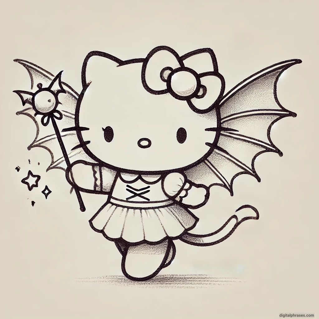 21 Hello Kitty Halloween Drawing Ideas sketch of Hello Kitty as a fairy with bat wings and a magic wand